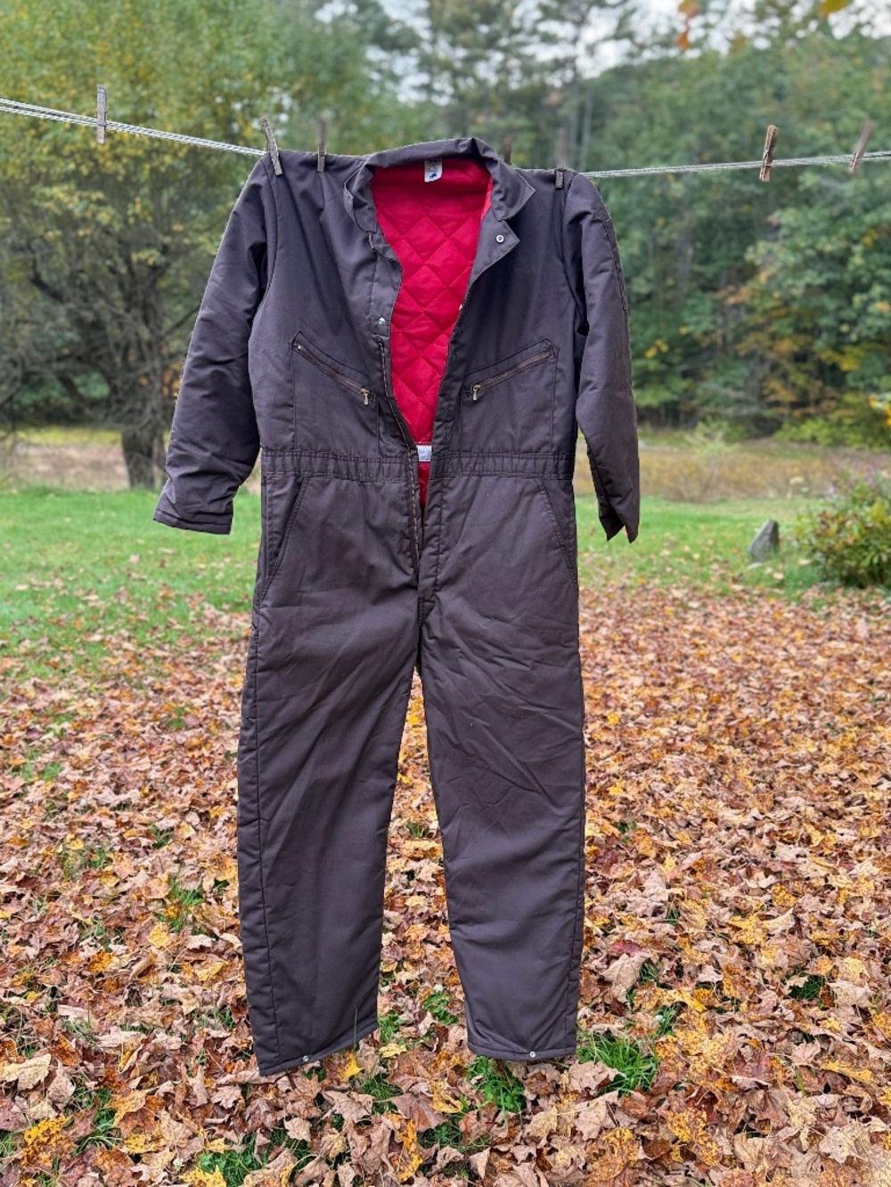 Vintage VT Brown Coveralls L Insulated wRed Nylon Lining Snow Mobile Barn Chore